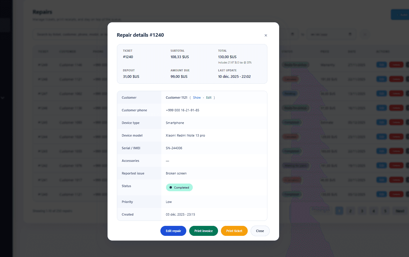Detailed repair ticket view with status, notes, and timeline